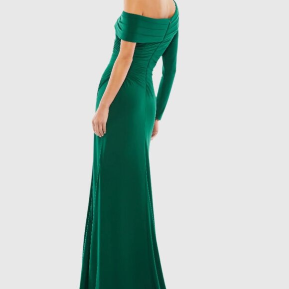 Ieena for Mac Duggal  Green Ruched Jersey Drop Shoulder Foldover Gown - Picture 3 of 9